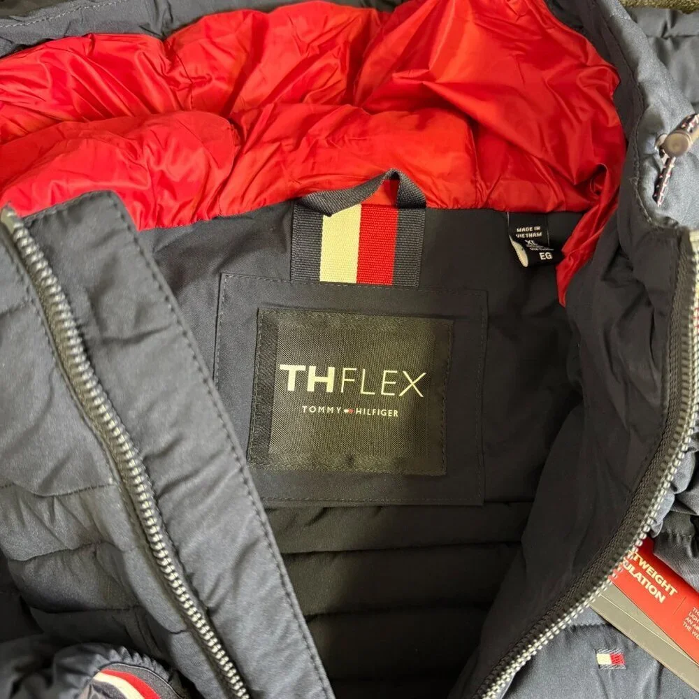 Tommy Hilfiger Men's Midnight Navy TH Flex Quilted Puffer Hooded Jacket NWT$195